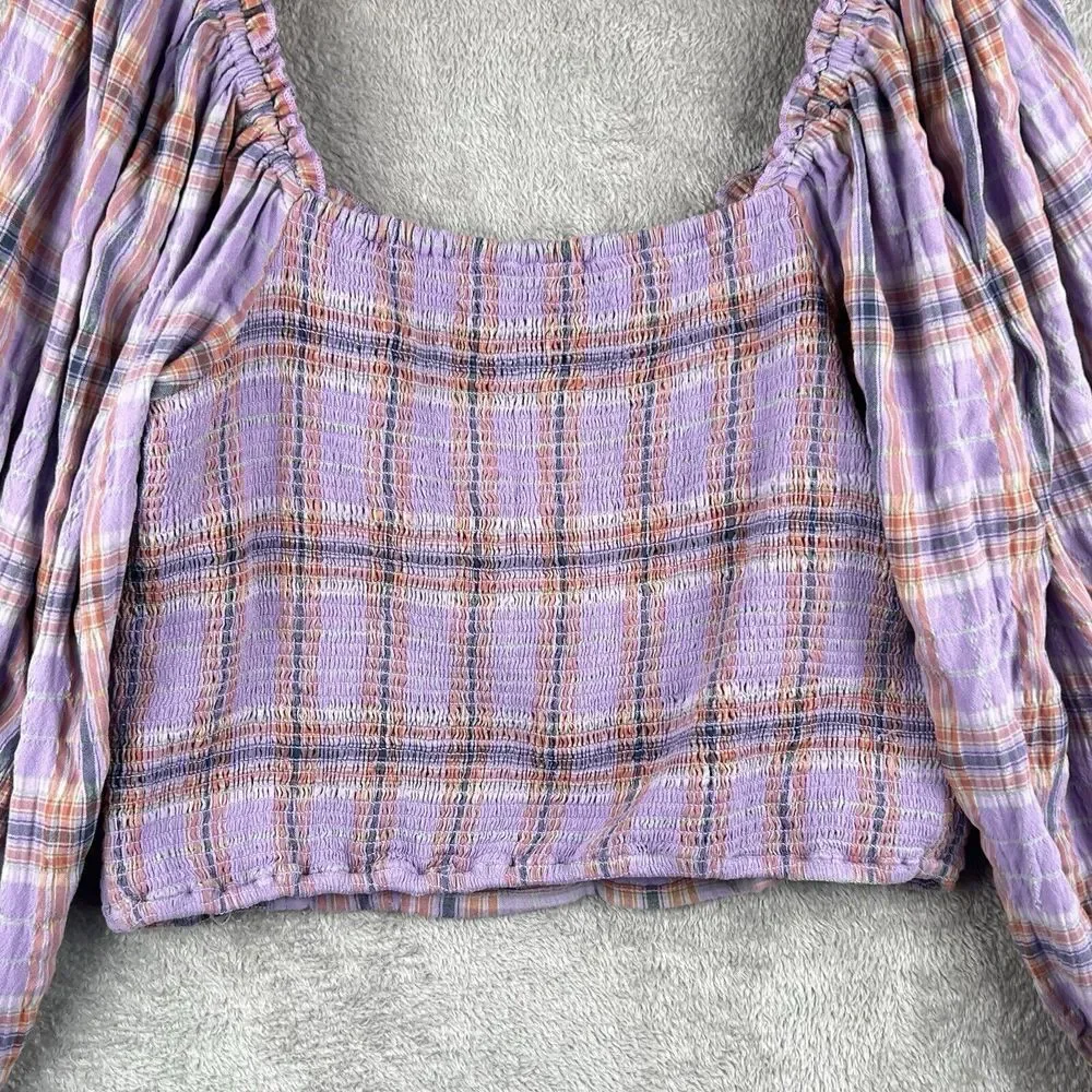 Free People Cherry Bomb Top Womens XL Purple Plaid Balloon Sleeves Ruched Boho - Picture 5 of 11